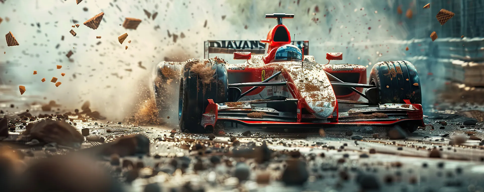 Ein Rennwagen der auf einer sehr dreckigen, schlammigen Strasse fährt. KI generiert.