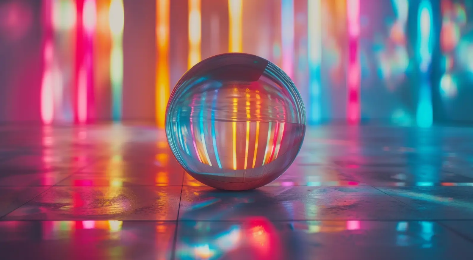 Bild zu Integration Farbige Neonröhren spiegeln sich in einer Glaskugel