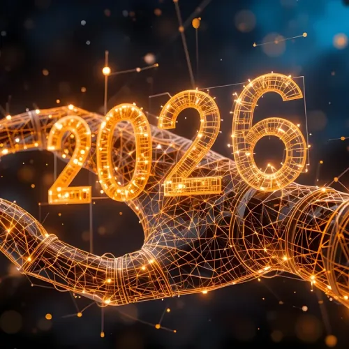 Ein KI-generiertes Bild einer Hand aus Leuchtstrahlen und das Jahr 2026.