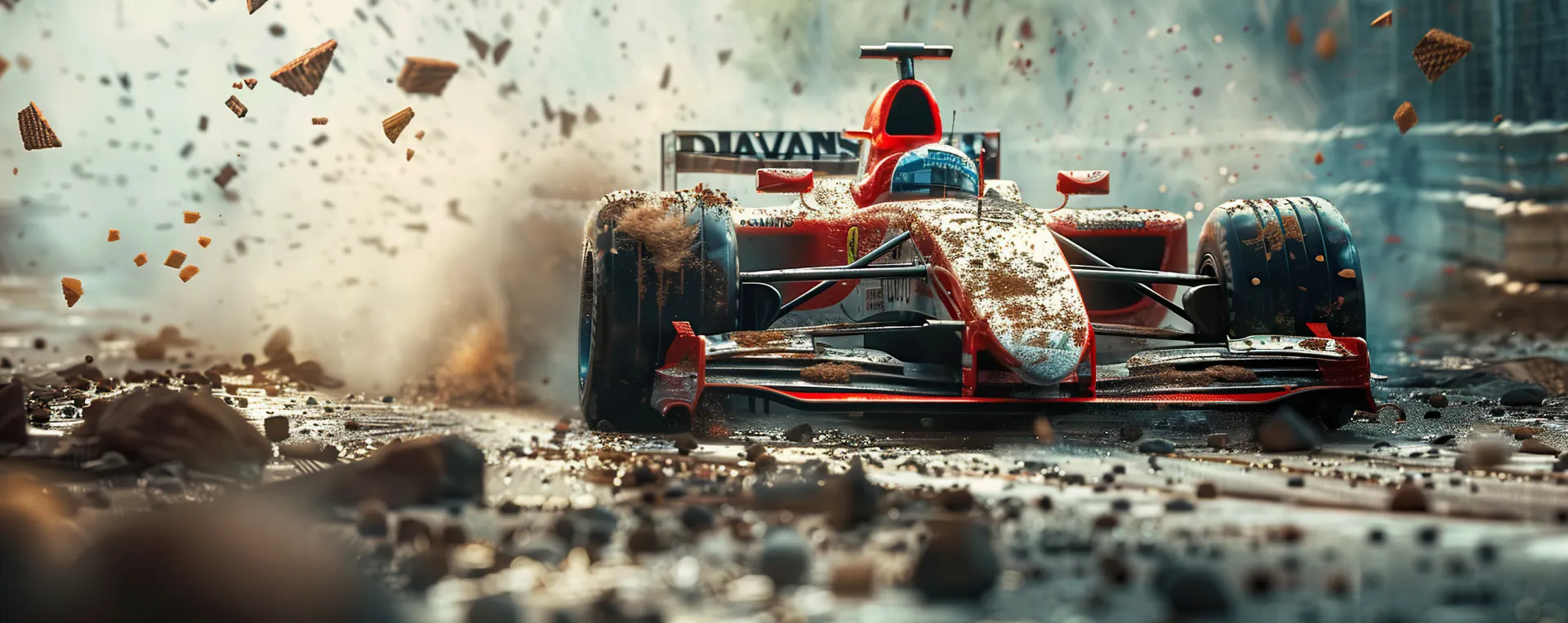 Ein Rennwagen der auf einer sehr dreckigen, schlammigen Strasse fährt. KI generiert.