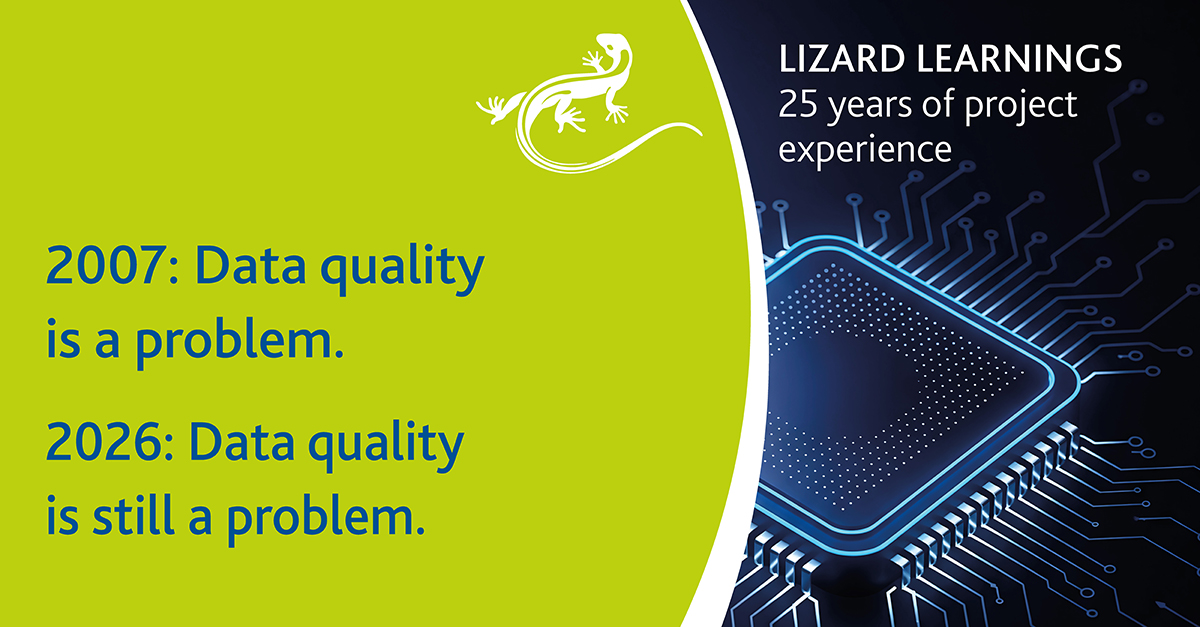 Infographic about Lizard Learnings: 25 years of project experience, data quality as a persistent problem, with the Lizard logo and a microchip in the background.